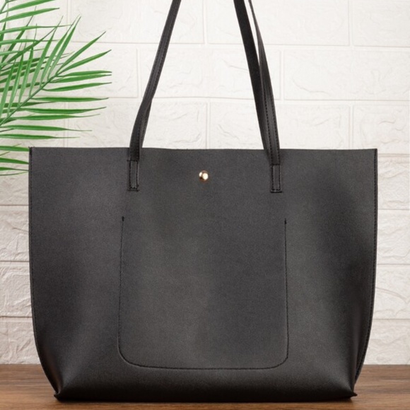 Black Classic Shoulder Clutch Bag Set Minimalist Vegan Leather - Picture 3 of 4